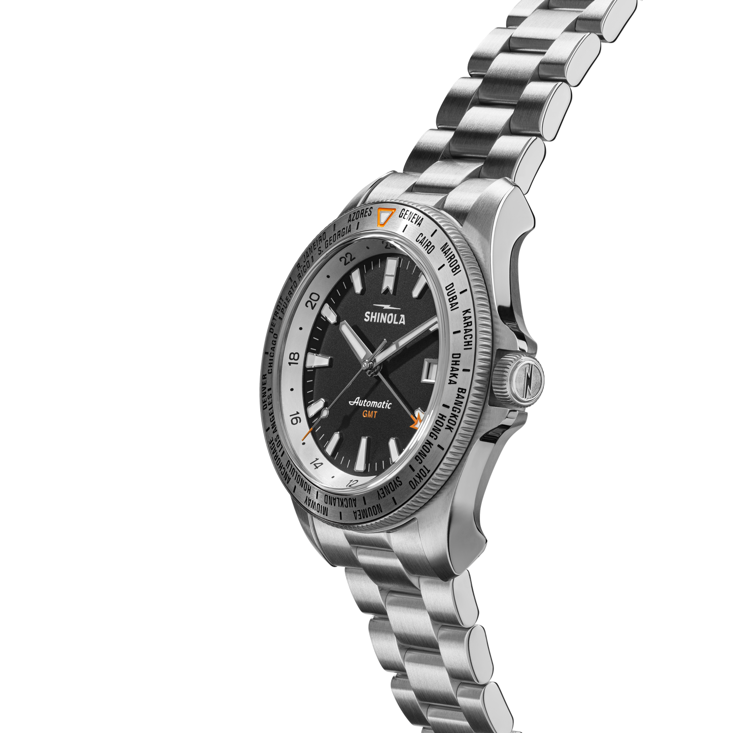 Shinola Monster GMT Worldtimer 40mm Black Dial Stainless Steel Bracelet Watch