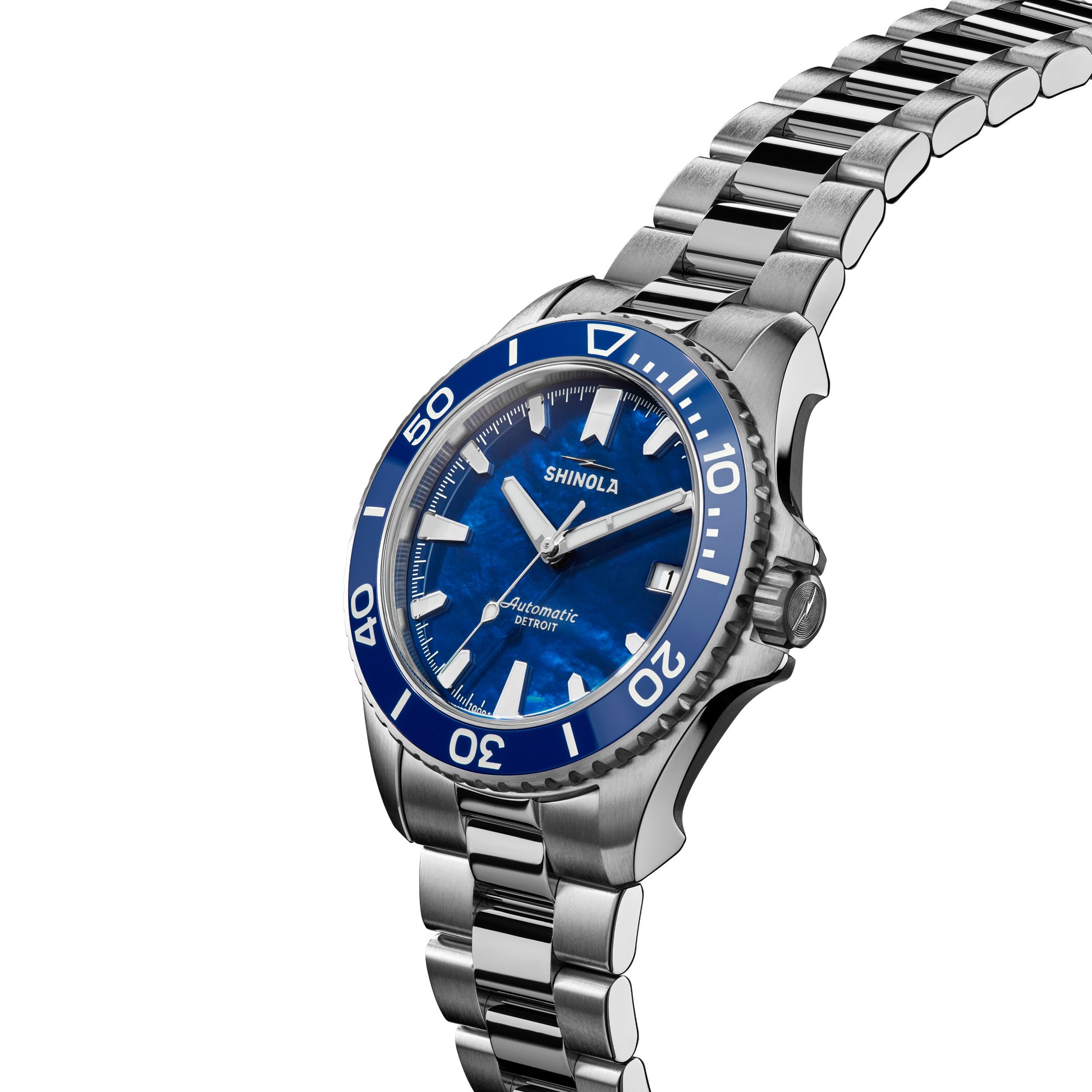 Shinola Monster Lake Michigan 39mm Lake Blue Mother of Pearl Dial Stainless Steel Bracelet Watch
