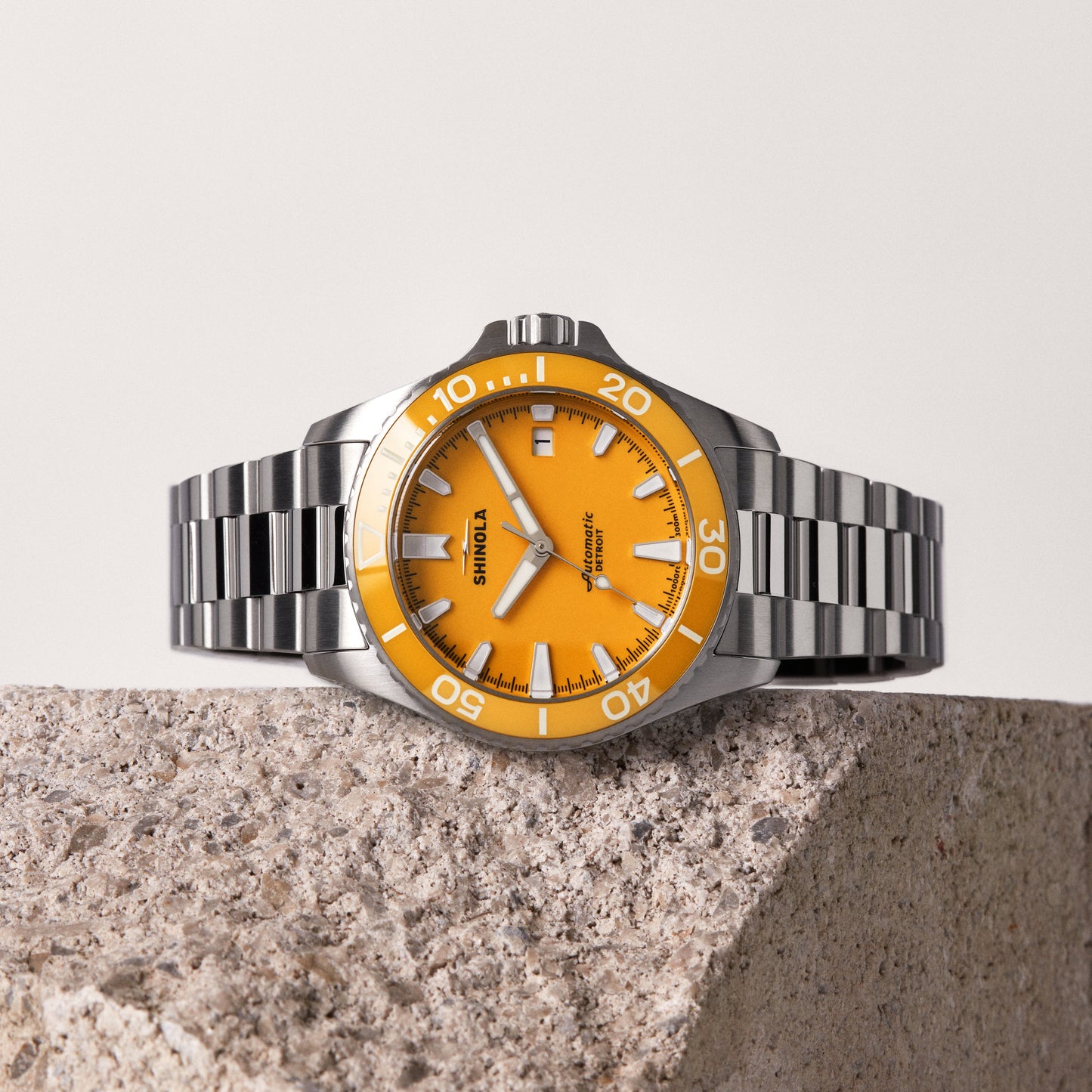 Shinola Monster Lake Huron 39mm Sun Lake Yellow Dial Stainless Steel Bracelet Watch