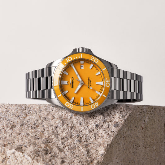 Shinola Monster Lake Huron 39mm Sun Lake Yellow Dial Stainless Steel Bracelet Watch