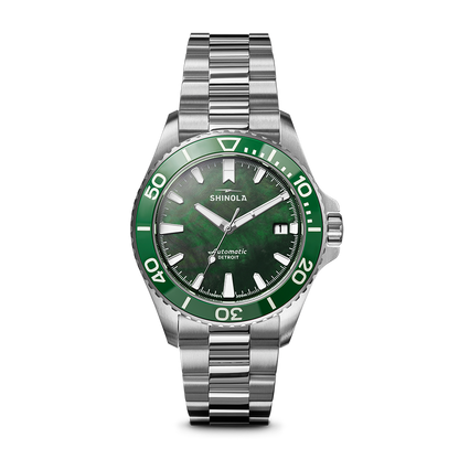 Shinola Monster Lake Ontario 39mm Green Mother of Pearl Dial Stainless Steel Bracelet Watch
