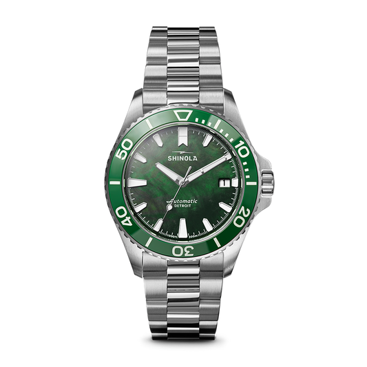 Shinola Monster Lake Ontario 39mm Green Mother of Pearl Dial Stainless Steel Bracelet Watch