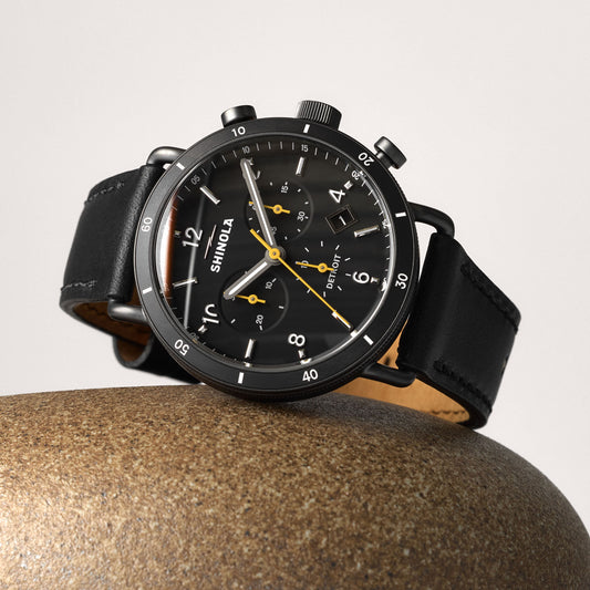Shinola Canfield Sport 40mm Black Dial Black Leather Strap Chronograph Watch