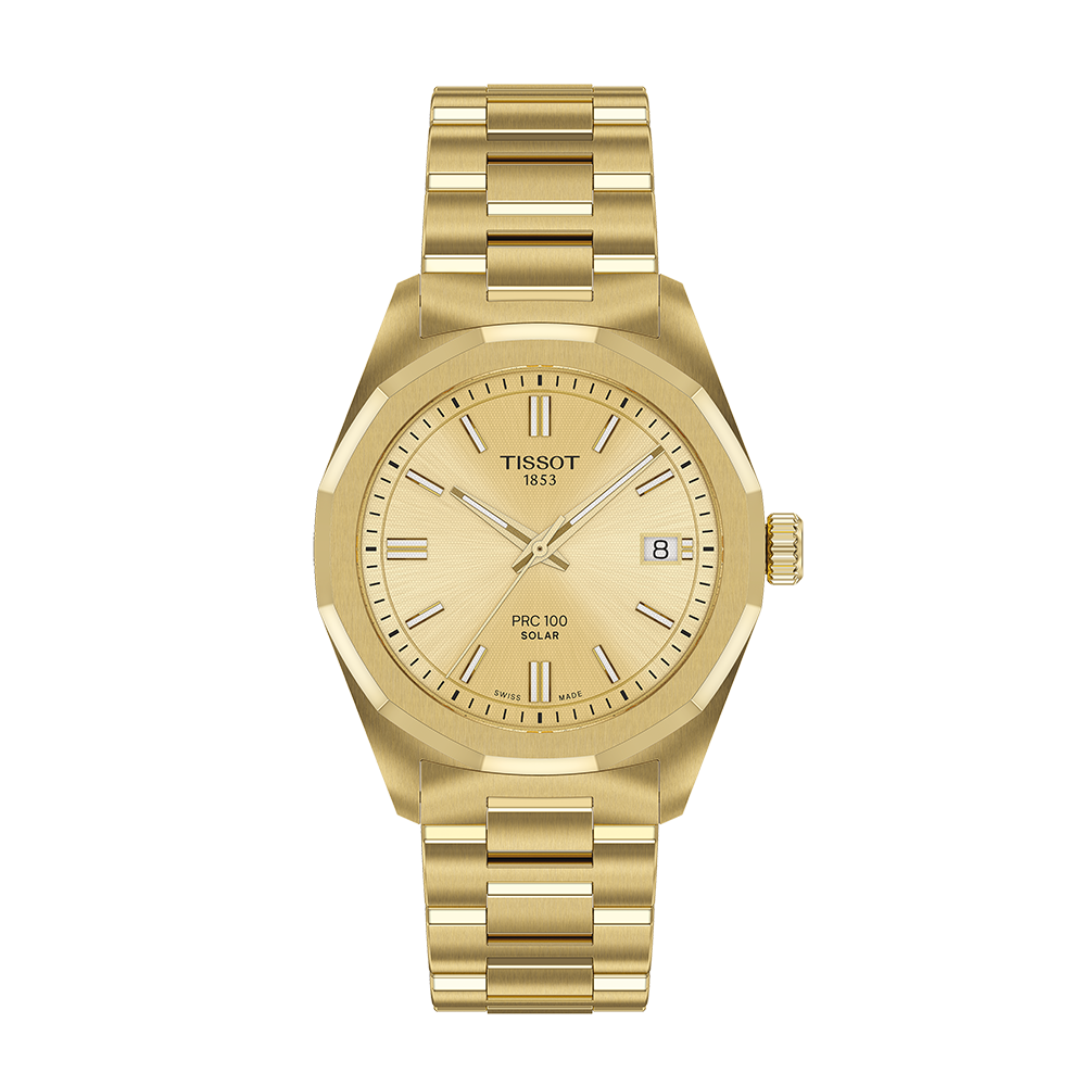 Tissot PRC 100 Solar 34mm Champagne Dial Gold PVD Watch