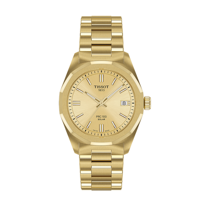 Tissot PRC 100 Solar 34mm Champagne Dial Gold PVD Watch
