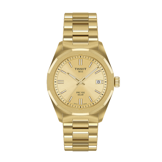 Tissot PRC 100 Solar 34mm Champagne Dial Gold PVD Watch