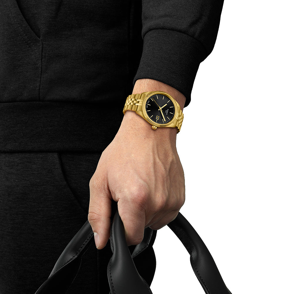 TISSOT STYLIST 70’sブラックフェイス／ゴールドケース Tissot Ballade 40mm Black Dial Gold PVD | King Jewelers