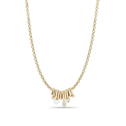 Zoe Chicco Mixed Rings Diamond Pearl Necklace 14K Yellow Gold
