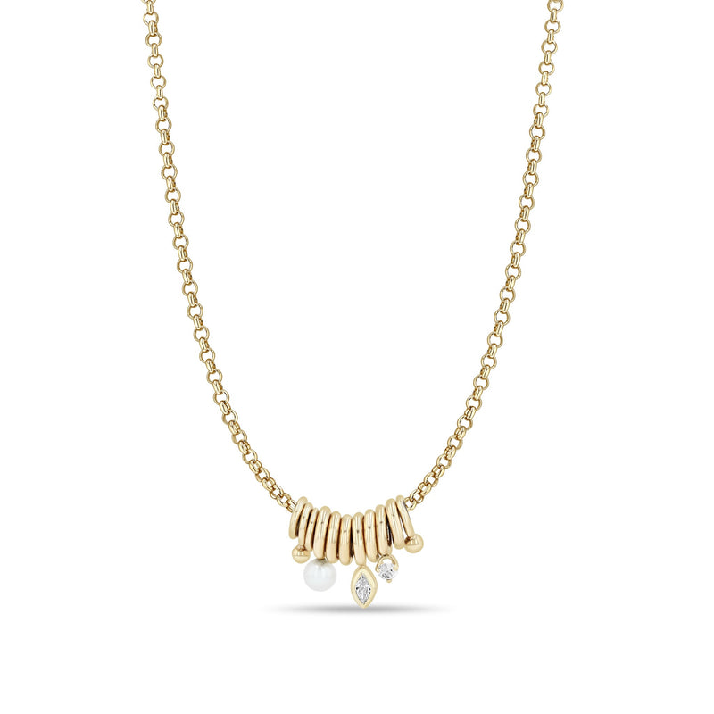 Zoe Chicco Mixed Rings Diamond Pearl Necklace 14K Yellow Gold