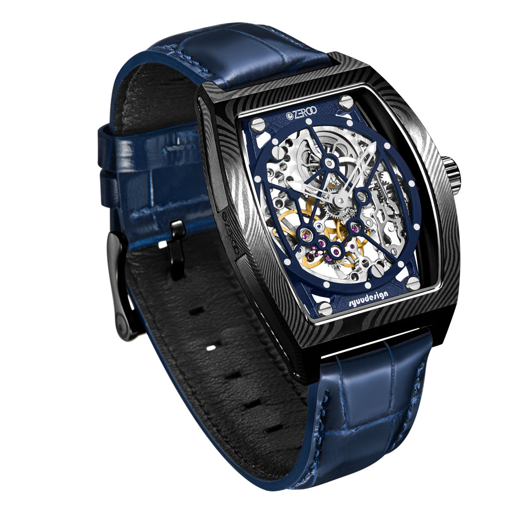 Zeroo Time M1D Auriga Black Damascus Steel and Blue | King Jewelers