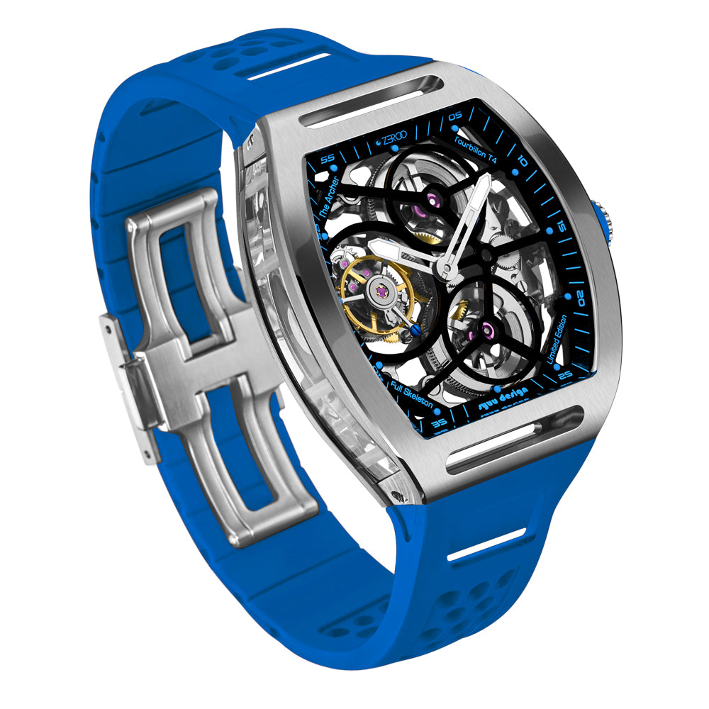 Zeroo Time T4 The Archer Full Skeleton Tourbillon Watch in Steel and Light  Blue