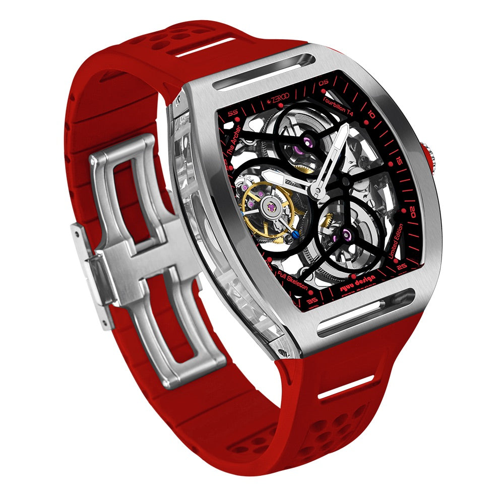 Zeroo Time T4 The Archer Full Skeleton Tourbillon Watch in Silver and Red