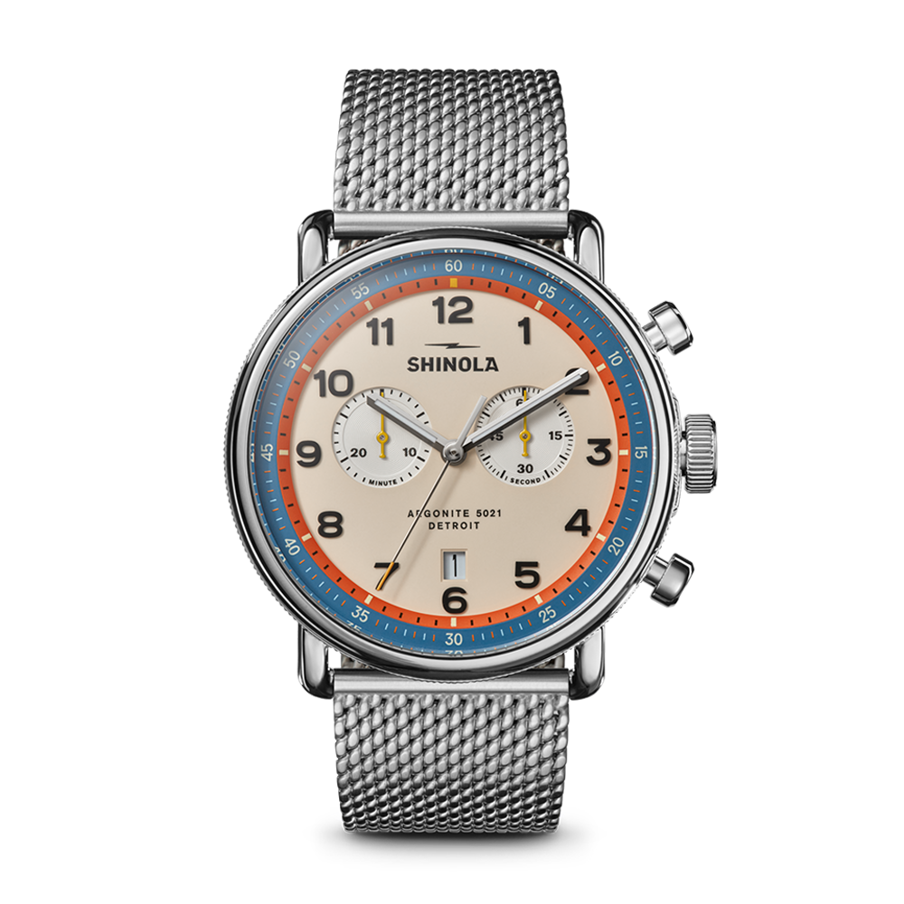 Shinola Canfield C56 Chronograph 43mm Cream Dial Mesh Bracelet Watch