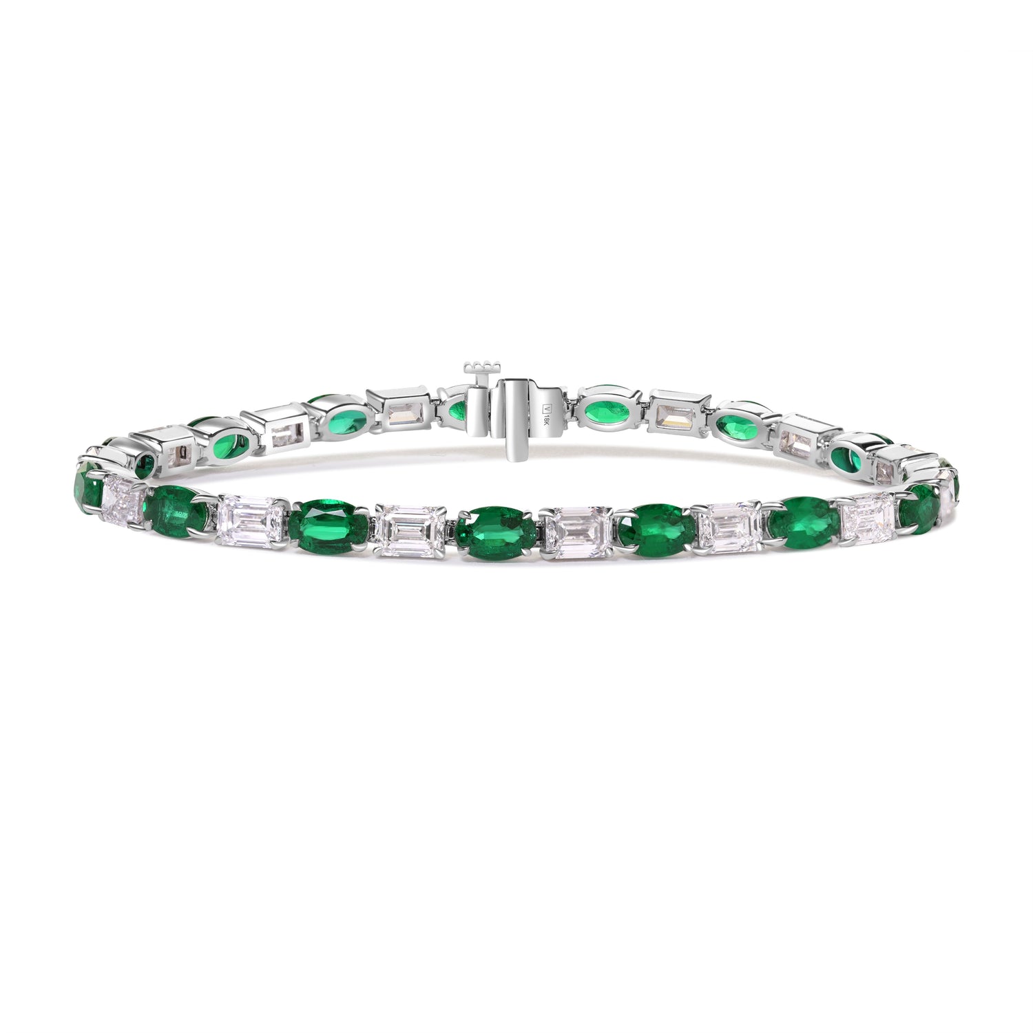 King Jewelers 18K White Gold Emerald and 6.73ct Diamond Bracelet