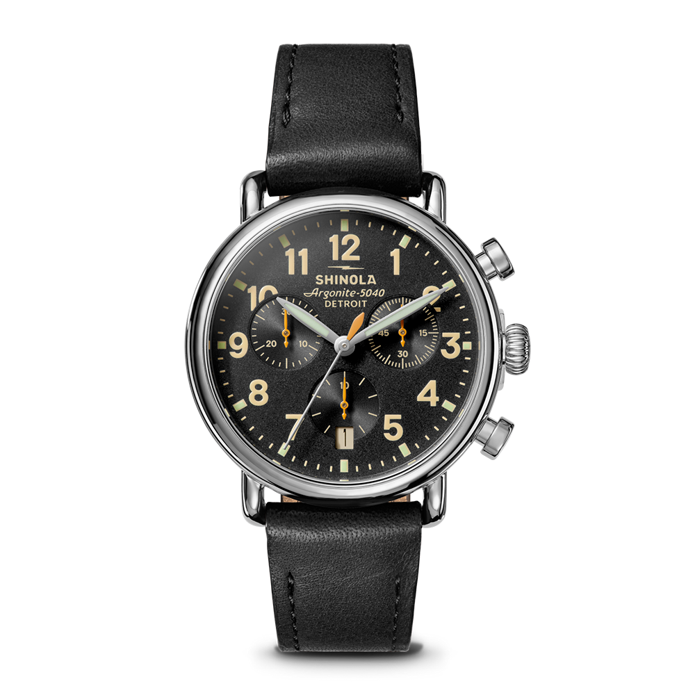 Shinola Runwell Chronograph 37mm Black Dial Leather Strap Watch
