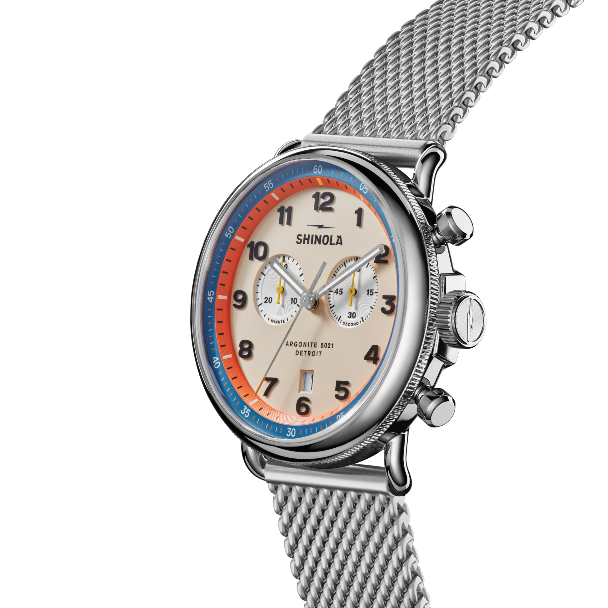 Shinola Canfield C56 Chronograph 43mm Cream Dial Mesh Bracelet Watch