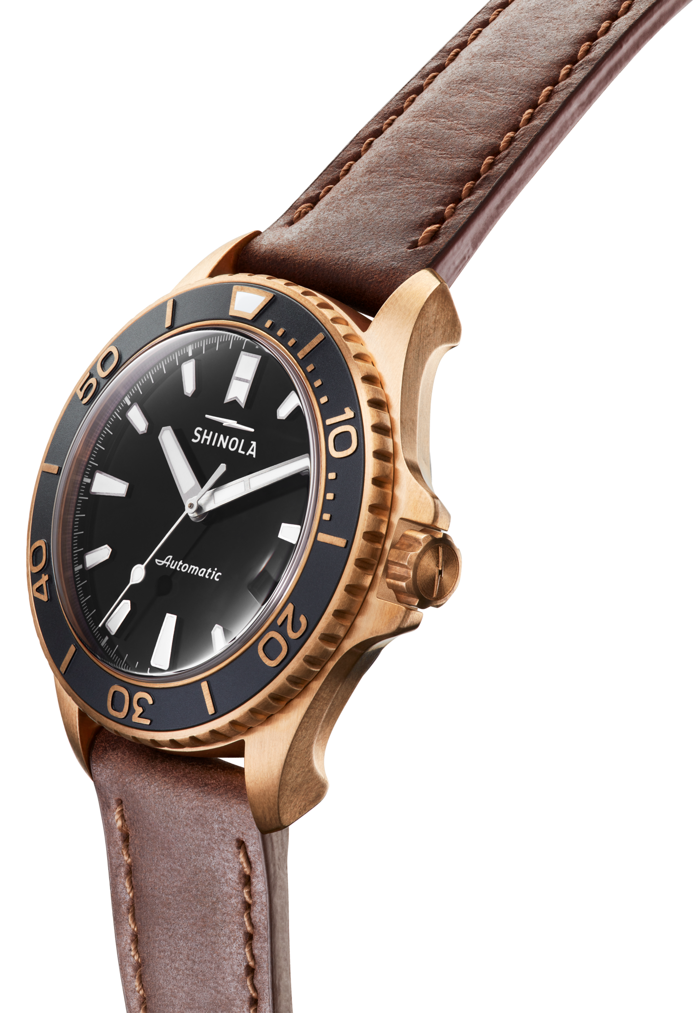 Shinola Bronze Monster Automatic 43mm Black Dial Leather Strap Watch