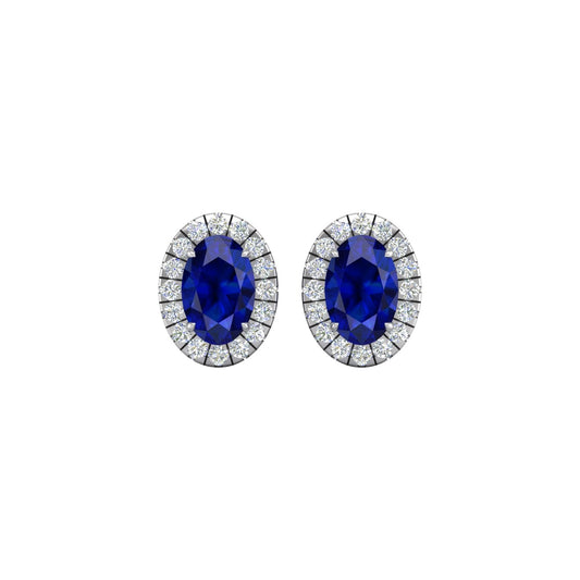 King Jewelers Oval Sapphire and Diamond Stud Earrings 18K White Gold