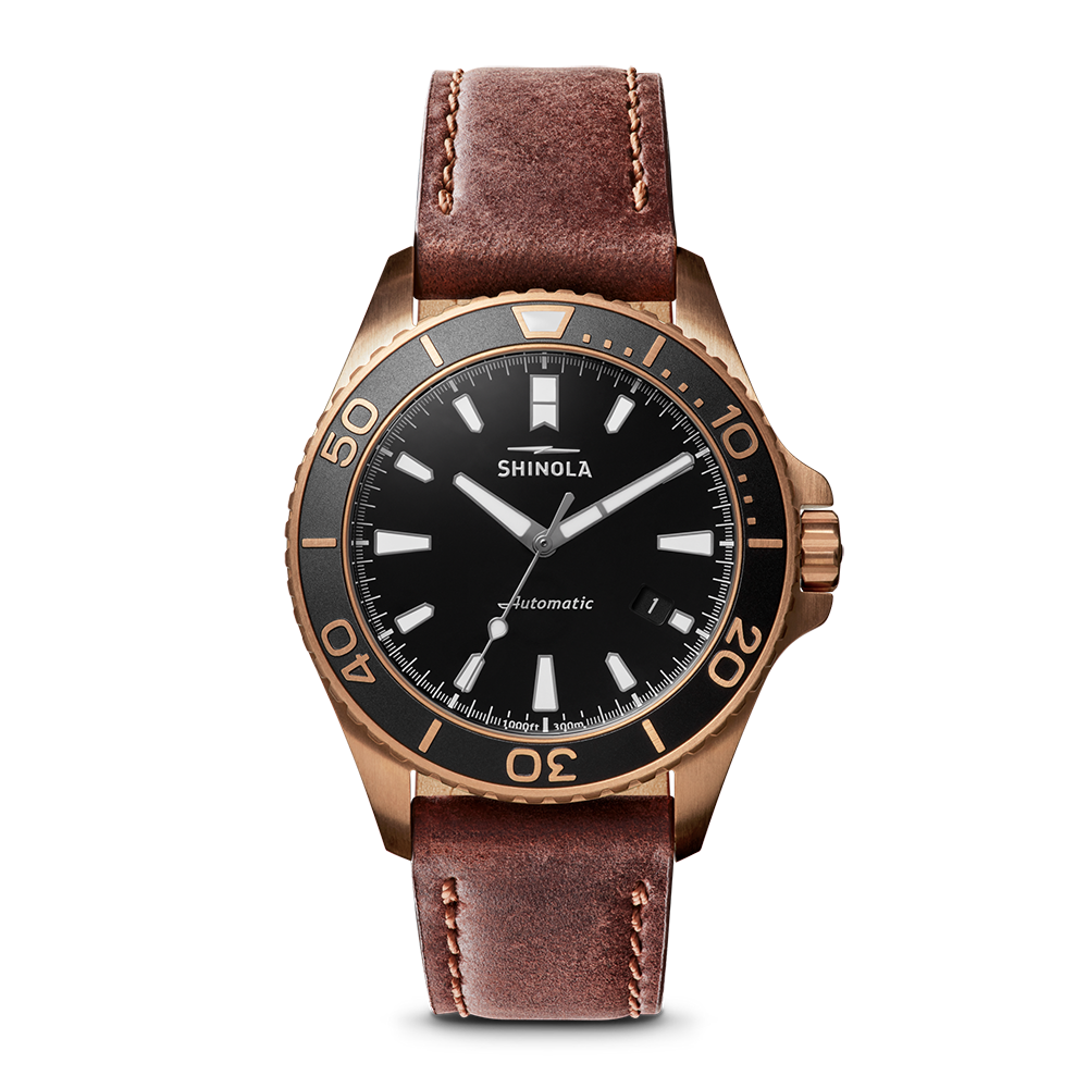 Shinola Bronze Monster Automatic 43mm Black Dial Leather Strap Watch