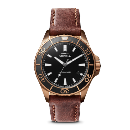 Shinola Bronze Monster Automatic 43mm Black Dial Leather Strap Watch