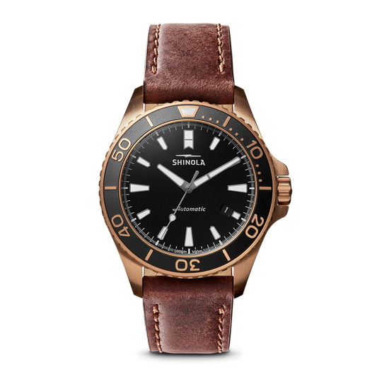 Shinola Bronze Monster Automatic 43mm Black Dial Leather Strap Watch