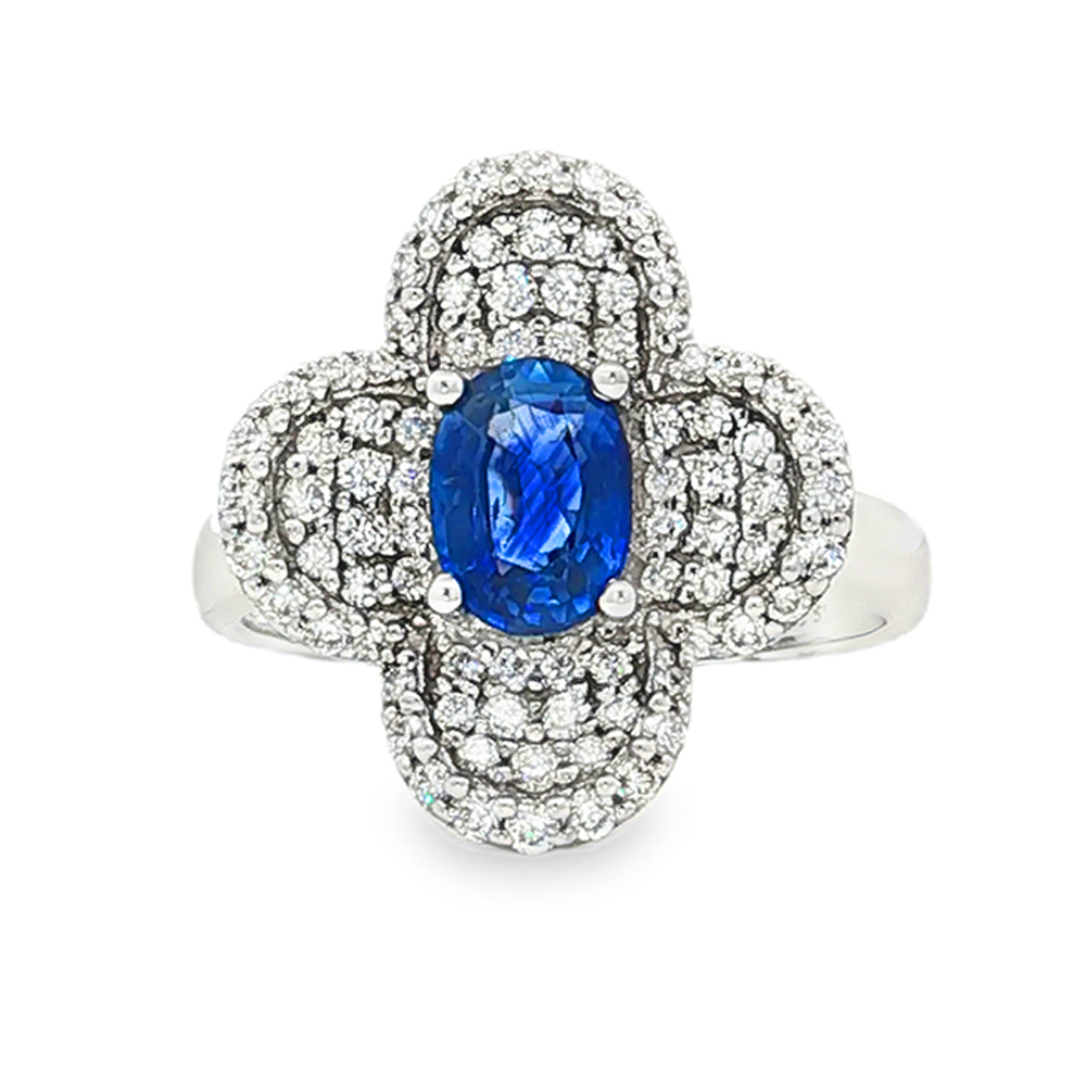 King Jewelers Blue Sapphire Floral Cocktail Ring with Diamonds 18K White Gold