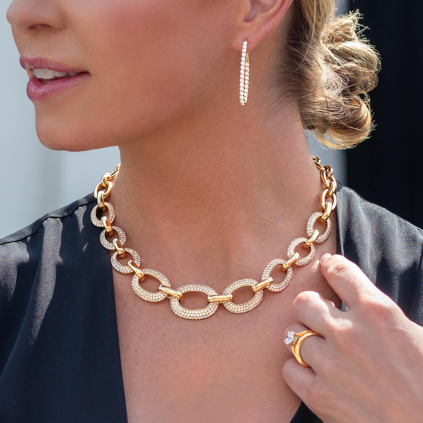 King Jewelers Pave Link Large Chain Necklace 18K Yellow Gold