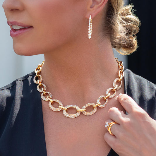 King Jewelers Pave Link Large Chain Necklace 18K Yellow Gold