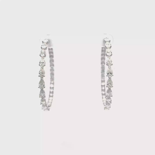 King Jewelers Pear Diamond Hoop Earrings 18K White Gold