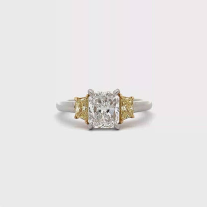 KJ5 Platinum GIA Radiant Cut and Fancy Yellow Diamond 3-Stone Engagement Ring