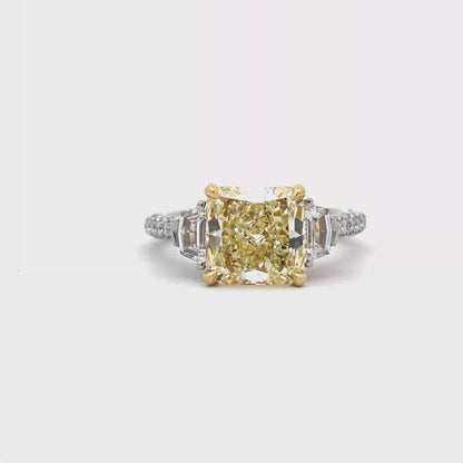 KJ5 Platinum GIA Certified Radiant Cut Fancy Yellow Diamond 3-Stone Engagement Ring