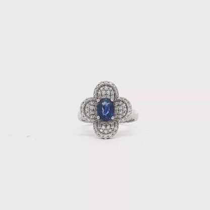 King Jewelers Blue Sapphire Floral Cocktail Ring with Diamonds 18K White Gold