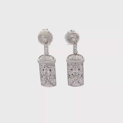 King Jewelers Intricate Filigree Diamond Drop Earrings 14K White Gold