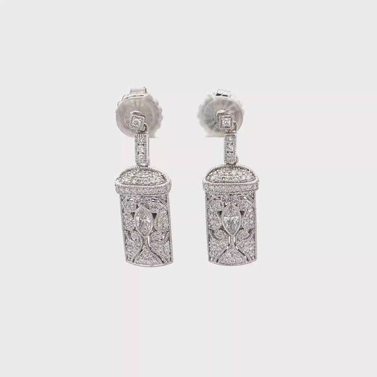 King Jewelers Intricate Filigree Diamond Drop Earrings 14K White Gold
