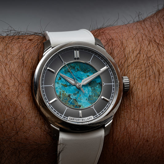 Sartory-Billard SB04-E Chrysocolla Platinum 39.5mm watch worn on the wrist